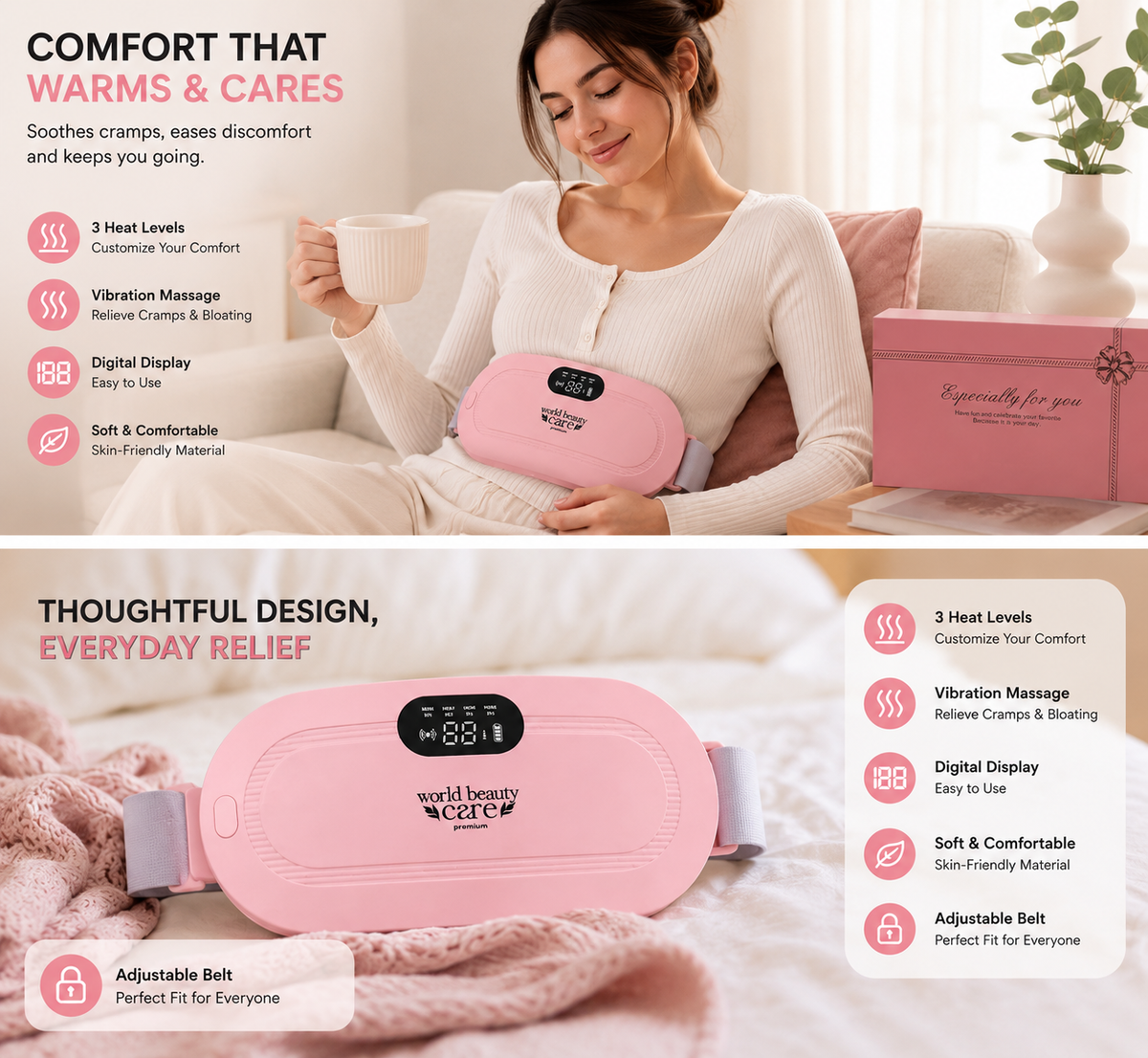 Portable Heating Pad for Period Cramps & Lower Back Pain Relief - Electric Heating Massage Belt