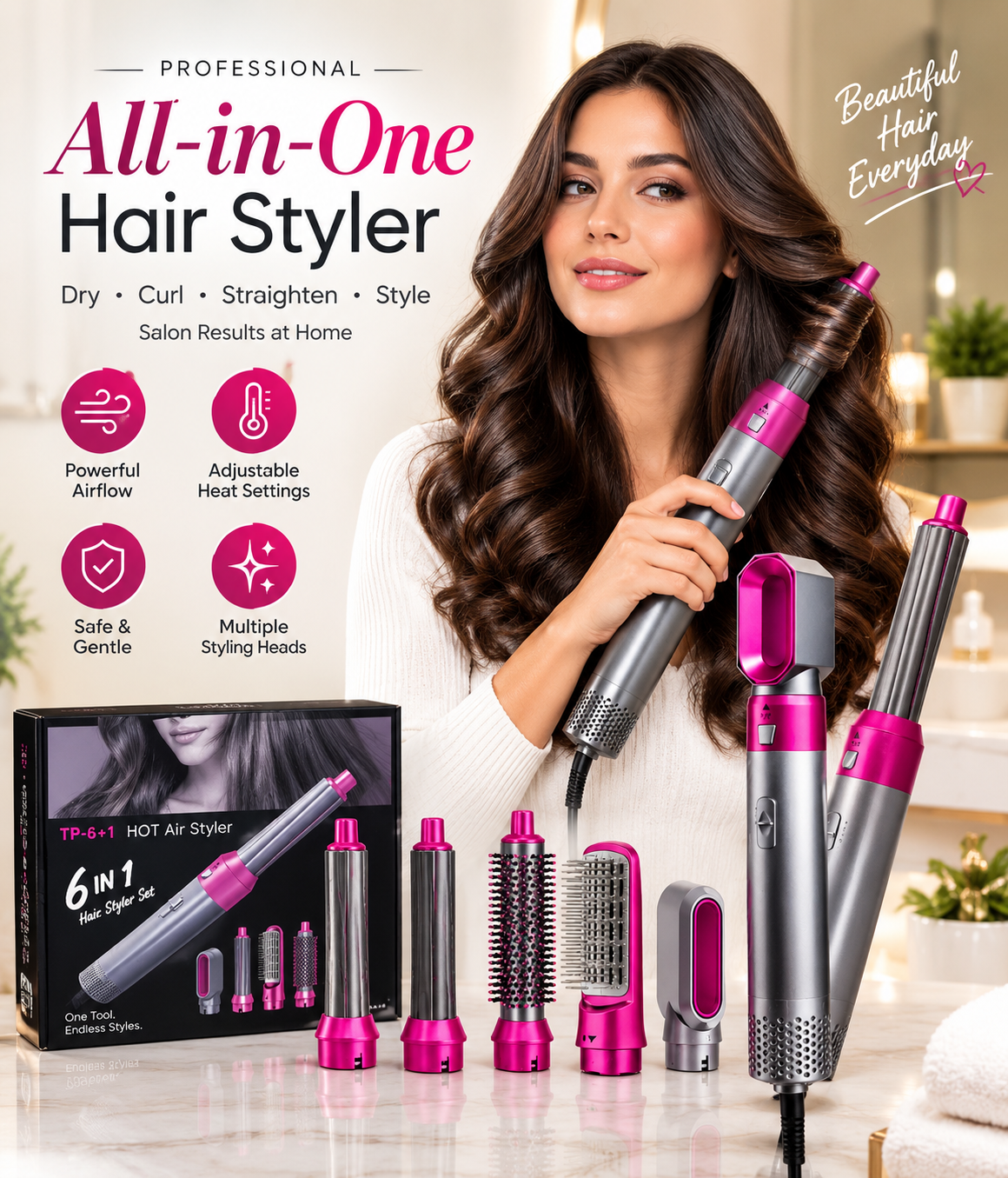 5-in-1 Hot Air Brush Styler – Electric Hair Dryer, Volumizer, Curler & Straightener Comb