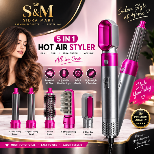 5-in-1 Hot Air Brush Styler – Electric Hair Dryer, Volumizer, Curler & Straightener Comb