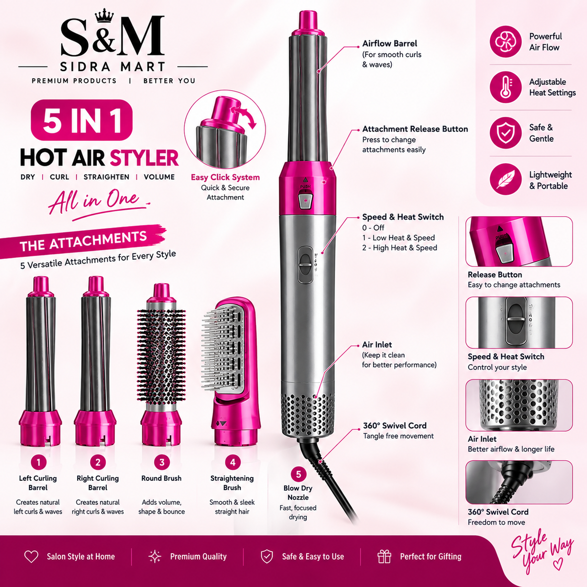 5-in-1 Hot Air Brush Styler – Electric Hair Dryer, Volumizer, Curler & Straightener Comb