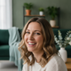 Headshot of a smiling North American woman in her 30s, looking content and relaxed in a soft home setting.