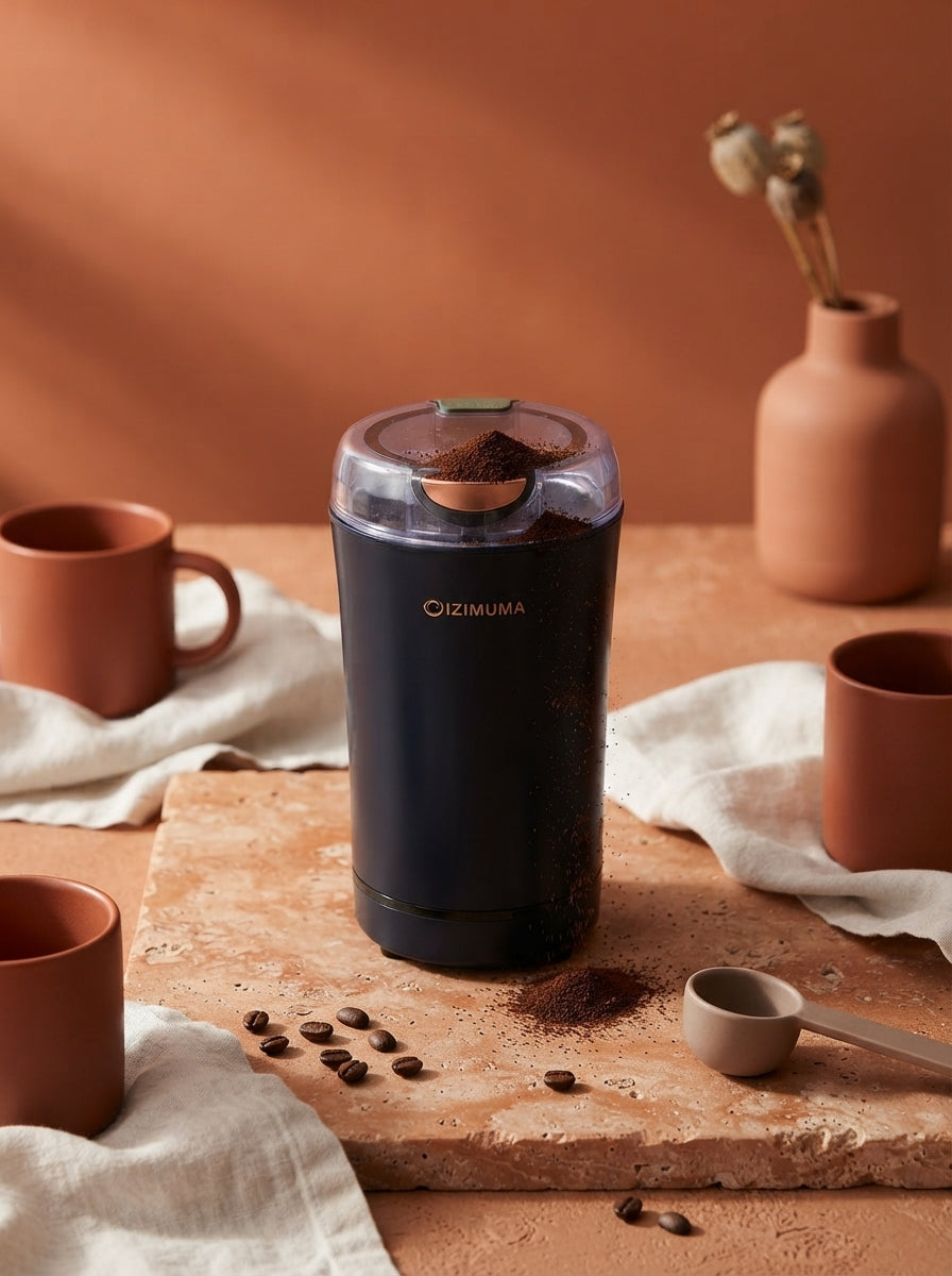 An electric coffee grinder sits on a terracotta surface with coffee grounds nearby, set against a modern, minimalist backgrou