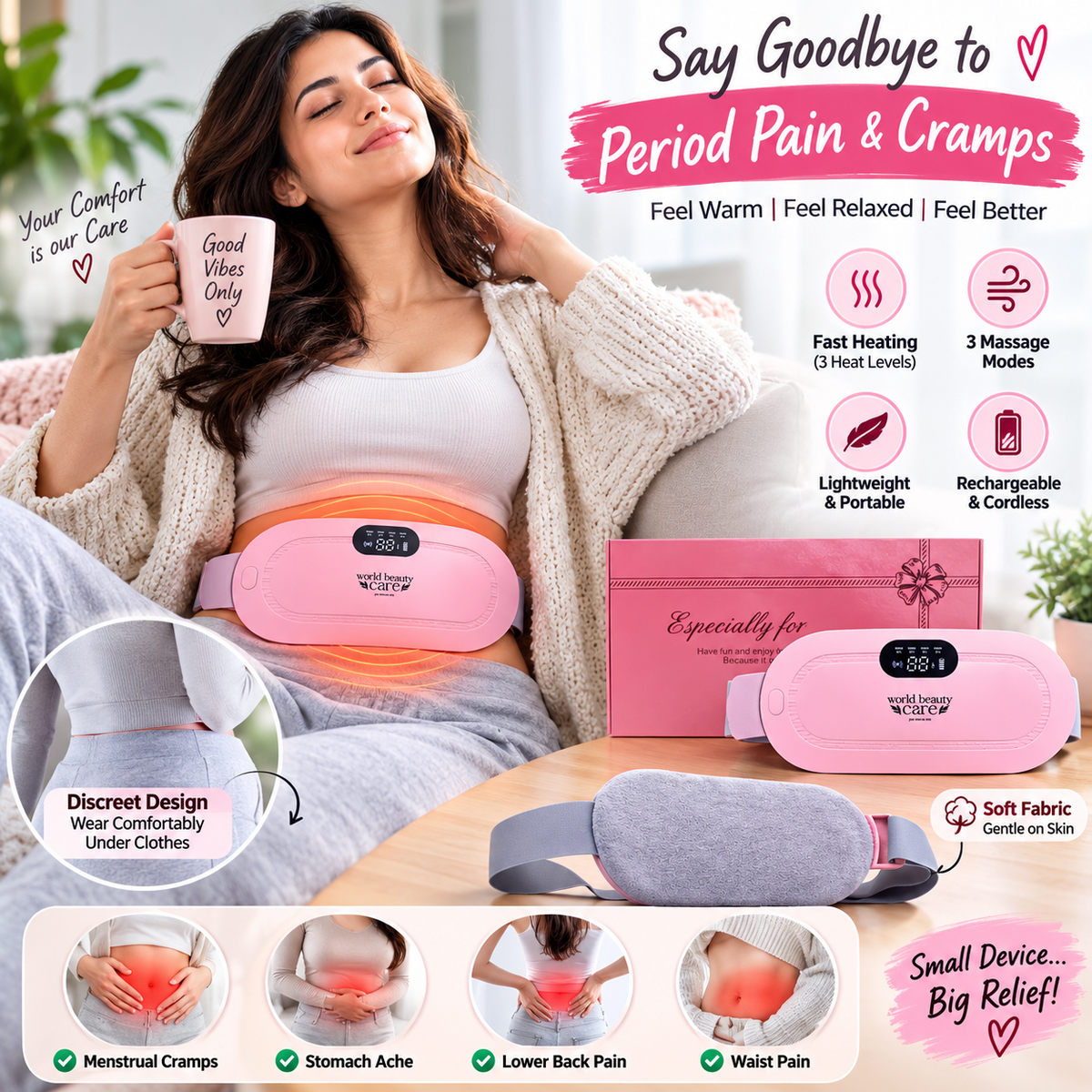 Portable Heating Pad for Period Cramps & Lower Back Pain Relief - Electric Heating Massage Belt