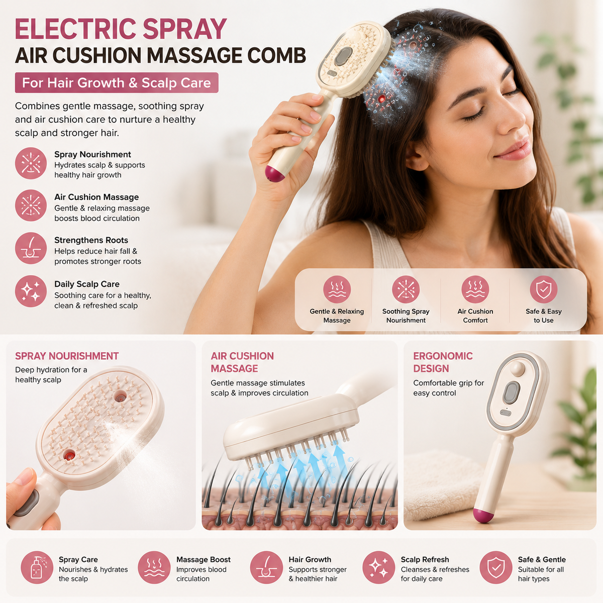 Electric Spray Air Cushion Massage Comb for Hair Growth & Scalp Care