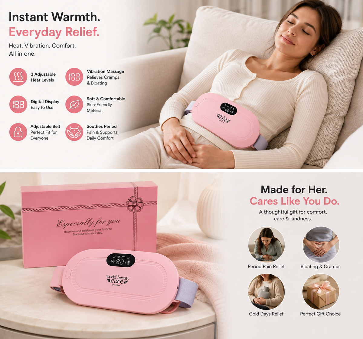 Portable Heating Pad for Period Cramps & Lower Back Pain Relief - Electric Heating Massage Belt